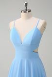 Sky Blue A Line V Neck Tiered Long Bridesmaid Dress with Lace Up Back