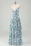 White Blue Flower A Line V Neck Tiered Long Bridesmaid Dress with Lace Up Back