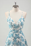 White Blue Flower A Line V Neck Tiered Long Bridesmaid Dress with Lace Up Back