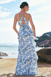 White and Blue Flower A-Line Spaghetti Straps Hollow Out Print Bridesmaid Dress