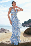 White and Blue Flower A-Line Spaghetti Straps Hollow Out Print Bridesmaid Dress