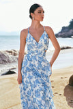 White and Blue Flower A-Line Spaghetti Straps Hollow Out Print Bridesmaid Dress