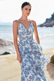 White and Blue Flower A-Line Spaghetti Straps Hollow Out Print Bridesmaid Dress