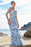 White and Blue Flower A-Line Spaghetti Straps Hollow Out Print Bridesmaid Dress