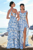 White and Blue Flower A-Line Spaghetti Straps Hollow Out Print Bridesmaid Dress