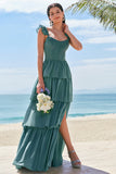 Eucalyptus A Line Corset Tiered Ruched Long Bridesmaid Dress with Slit