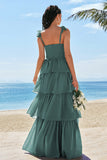 Eucalyptus A-Line Tiered Ruched Corset Long Bridesmaid Dress with Slit