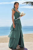 Eucalyptus A-Line Tiered Ruched Corset Long Bridesmaid Dress with Slit