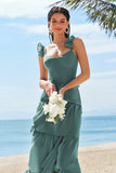 Eucalyptus A-Line Tiered Ruched Corset Long Bridesmaid Dress with Slit