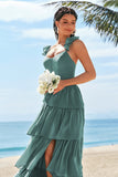 Eucalyptus A-Line Tiered Ruched Corset Long Bridesmaid Dress with Slit