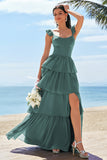 Eucalyptus A-Line Tiered Ruched Corset Long Bridesmaid Dress with Slit