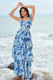 Blue Flower A-Line Corset Tiered Print Long Bridesmaid Dress with Ruffles