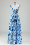 Blue Flower A Line Corset Print Tiered Long Bridesmaid Dress with Ruffles