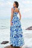 Blue Flower A Line Corset Print Tiered Long Bridesmaid Dress with Ruffles