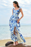 Blue Flower A-Line Corset Tiered Print Long Bridesmaid Dress with Ruffles