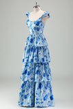 Blue Flower A Line Corset Print Tiered Long Bridesmaid Dress with Ruffles