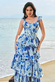 Blue Flower A-Line Corset Tiered Print Long Bridesmaid Dress with Ruffles