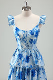 Blue Flower A Line Corset Print Tiered Long Bridesmaid Dress with Ruffles