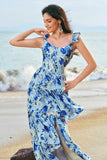 Blue Flower A-Line Corset Tiered Print Long Bridesmaid Dress with Ruffles