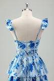 Blue Flower A Line Corset Print Tiered Long Bridesmaid Dress with Ruffles