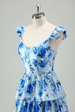 Blue Flower A Line Corset Print Tiered Long Bridesmaid Dress with Ruffles