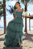 Eucalyptus A-Line Bow Tie Straps Corset Tiered Bridesmaid Dress with Slit