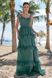 Eucalyptus A-Line Bow Tie Straps Corset Tiered Bridesmaid Dress with Slit