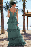 Eucalyptus A-Line Bow Tie Straps Corset Tiered Bridesmaid Dress with Slit