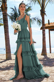 Eucalyptus A-Line Bow Tie Straps Corset Tiered Bridesmaid Dress with Slit