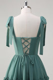 Eucalyptus A-Line Bow Tie Straps Corset Chiffon Long Bridesmaid Dress with Slit