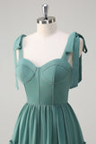 Eucalyptus A-Line Bow Tie Straps Corset Chiffon Long Bridesmaid Dress with Slit