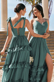 Eucalyptus A-Line Bow Tie Straps Corset Tiered Bridesmaid Dress with Slit