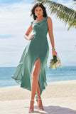 Eucalyptus A-Line Square Neck Backless Floor Length Bridesmaid Dress with Slit