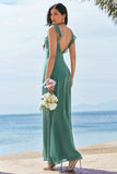 Eucalyptus A-Line Square Neck Backless Floor Length Bridesmaid Dress with Slit