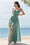 Eucalyptus A-Line Square Neck Backless Floor Length Bridesmaid Dress with Slit