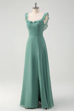 Eucalyptus A Line Square Neck Backless Floor Length Bridesmaid Dress