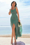 Eucalyptus A-Line Square Neck Backless Floor Length Bridesmaid Dress with Slit