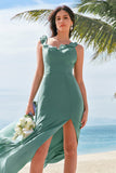 Eucalyptus A-Line Square Neck Backless Floor Length Bridesmaid Dress with Slit