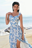 A-Line Square Neck White Blue Flower Long Bridesmaid Dress with Slit