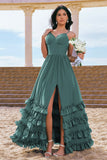 A-Line Spaghetti Straps Corset Long Ruffled Eucalyptus Bridesmaid Dress with Slit