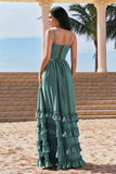 A-Line Spaghetti Straps Corset Long Ruffled Eucalyptus Bridesmaid Dress with Slit