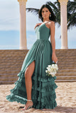 A-Line Spaghetti Straps Corset Long Ruffled Eucalyptus Bridesmaid Dress with Slit