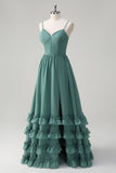 Eucalyptus A-Line Spaghetti Straps Corset Ruffled Long Bridesmaid Dress with Slit