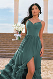 A-Line Spaghetti Straps Corset Long Ruffled Eucalyptus Bridesmaid Dress with Slit