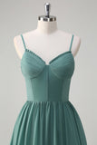 Eucalyptus A-Line Spaghetti Straps Corset Ruffled Long Bridesmaid Dress with Slit