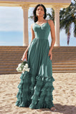 Eucalyptus A-Line Spaghetti Straps Corset Ruffled Long Bridesmaid Dress with Slit