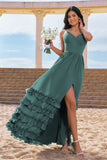 A-Line Spaghetti Straps Corset Long Ruffled Eucalyptus Bridesmaid Dress with Slit