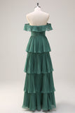 Eucalyptus A-Line Off The Shoulder Tiered Pleated Floor Length Bridesmaid Dress