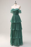 Eucalyptus A-Line Off The Shoulder Tiered Pleated Floor Length Bridesmaid Dress