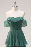 Eucalyptus A-Line Off The Shoulder Tiered Pleated Floor Length Bridesmaid Dress